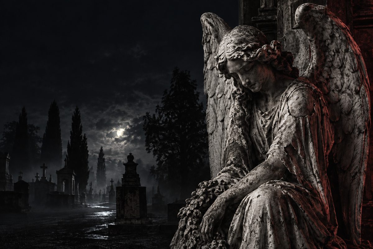 Detailed weathered cemetery angel in darkness with subtle red light